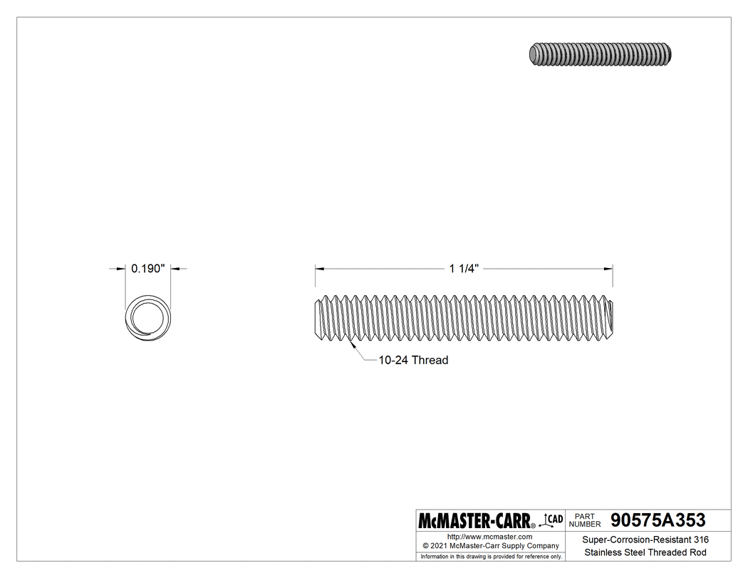 Technical Drawing of Super-Corrosion-Resistant 316 Stainless Steel Threaded Rod, 10-24 Thread Size, 1-1/4" Long.